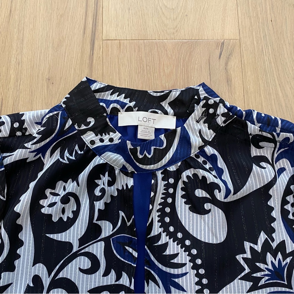 Loft | Shimmer Stripe Paisley Mock Neck Black Blouse - Picture 8 of 11